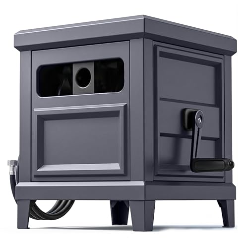 Garden Hose Reel Hideaway, Heavy Duty Metal Hose Reel Box Holds 125FT x 5/8" Hose, Steel Hose Storage Box with Manual Crank, Hose Guide and Leak-Proof Aluminum Connections, Stable 4-Leg Base - color: Dark Gray
