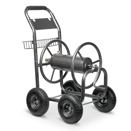 XtremepowerUS 4-Wheel Garden Hose Reel Cart with Storage Basket, Portable Residential Hose Reel Cart, Lawn Watering, for Garden Farm & Backyard