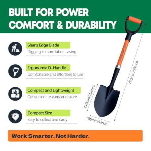 30-Inch Heavy Duty Garden Shovel with Fiberglass Handle & Manganese Steel Blade – Durable Camp Shovel, Compact Small Shovel, Multi-Purpose Garden Shovel & Beach Shovel for Outdoor