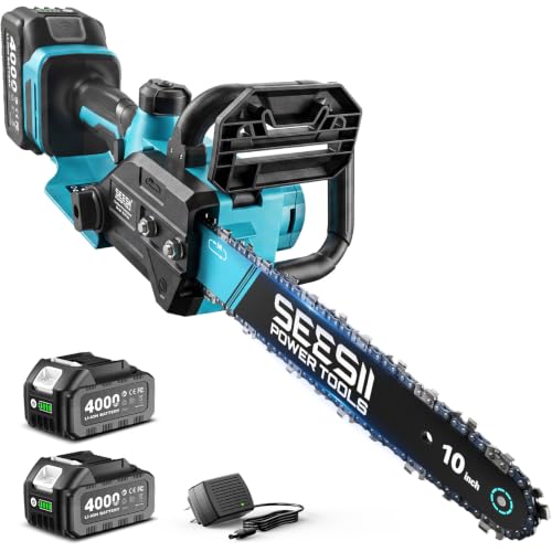 SEESII 10-Inch Cordless Mini Chainsaw, Electric Saw with Brushless Motor - color: Deep Blue