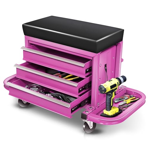 Auto Dynasty Mechanic Rolling Seat, 3-Drawer w/Tool Tray, 350LBS, Purple - color: Purple