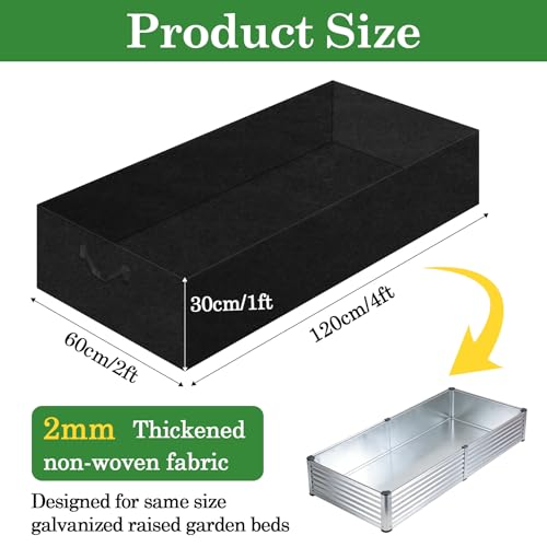 Klmnop 2mm Thick Raised Garden Bed Liner, 4x2x1 Ft Rectangular Non Woven Fabric Plant Liner with Handles for Outdoor Metal Raised Beds, Breathable Drainage Grow Bags Keep Soil Contained(Black)