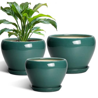 Ceramic Pots for Plants, 10+8+6 Inch Ceramic Plant Pot, Dark Green - color: Dark Green