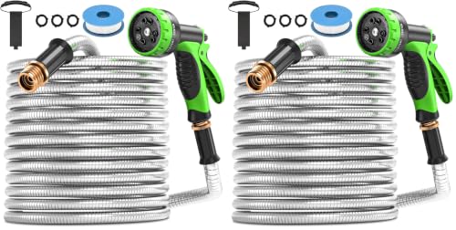 GARDENWORK Metal Garden Hose 50 FT - 304 Stainless Steel Water Hose with Heavy Duty 10-Pattern Spray Nozzle, Flexible, No-Kink, Puncture & Chew Proof, Universal 3/4" Brass Fitting, Silver (Pack of 2) - size: 50FT (Pack of 2)
