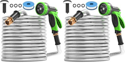 GARDENWORK Metal Garden Hose 50 FT - 304 Stainless Steel Water Hose with Heavy Duty 10-Pattern Spray Nozzle, Flexible, No-Kink, Puncture & Chew Proof, Universal 3/4" Brass Fitting, Silver (Pack of 2) - size: 50FT (Pack of 2)