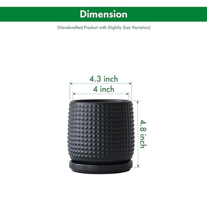 D'vine Dev Beaded Ceramic Pot with Saucer, 4 in, Ebony Matte, 27-C-Z-6 - color: Ebony Matte, size: 4.3 Inch