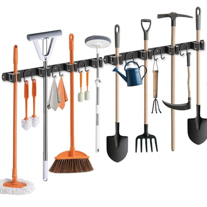 Broom Holder Wall Mount, 2 Packs Black Stainless Steel Tool Storage Organizer for Kitchen Garden Garage Laundry Room Bathroom and RV with 4 Slots 6 Hooks - color: Black-2 Pack