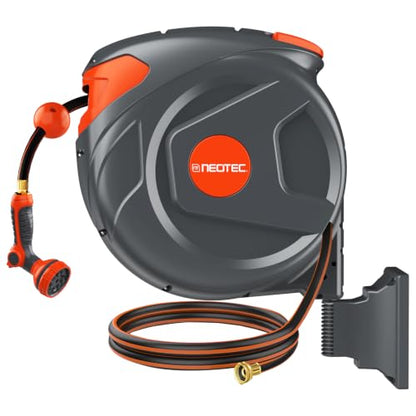 100FT Retractable Garden Hose Reel 1/2 Inch, Wall Mounted Heavy Duty Water Hose with Auto-Lock, Slow Return, 180° Swivel Bracket & 9-Pattern Spray Nozzle, UV Resistant Outdoor Hose Storage System