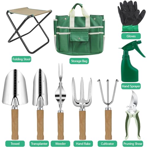 LeMotech Garden Tool Set,10 Pieces Heavy Duty Gardenting Tool Kit, Folding Stool with Detachable Tote Bag, Thicker Stainless Steel Tools (Trans-Planter,Trowel,Weeder etc.) for Women Men - style: Green Garden Bag with Stool