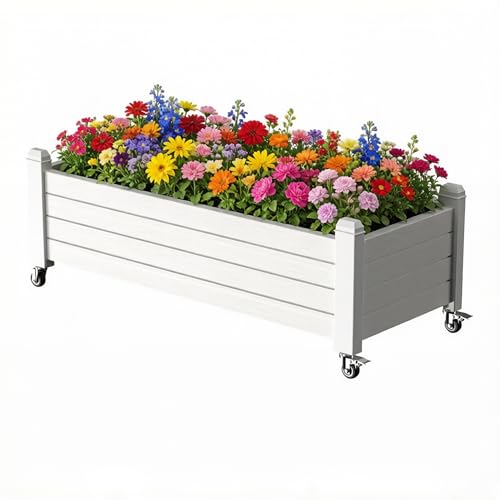 Vixzen Mobile Raised Garden Bed with Lockable Wheels, Resin Outdoor Planter Box with Drainage for Vegetables, Flowers, Herbs in Patio, Yard, Balcony (Ashen, 43.31 * 17.72 * 17.56) - color: Ashen, size: 17.56"h