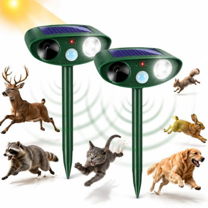 2 Pack Upgraded Sonic Deer Repellent Devices,Solar Ultrasonic Animal Repeller Outdoor for Racoons,Squirrels,Cats,Rabbits &Foxes,Waterproof Flashing Light Motion Sensor Animal Deterrent for Garden Yard