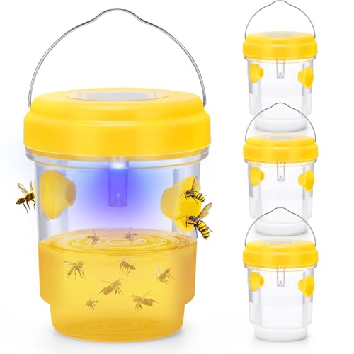 Wasp Trap, Solar Wasp Traps Outdoor Hanging, Reusable Yellow Jacket Hornet Trap with LED Light for Outside Garden, Patio, Orchard, Camping (4, Yellow)