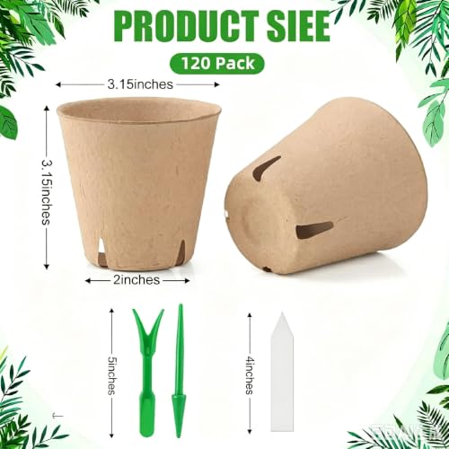 Baxrou 120 Pack 3.15 Inch Peat Pots with 30 Labels and 2 Transplant Tools - style: Round