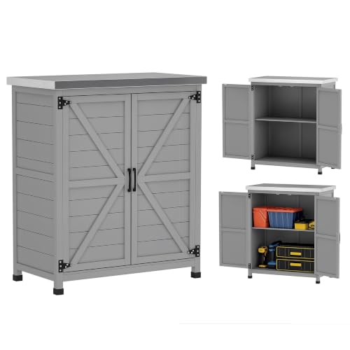 Outsunny Outdoor Storage Cabinet with Metal Tabletop Shelves Gray - color: Gray