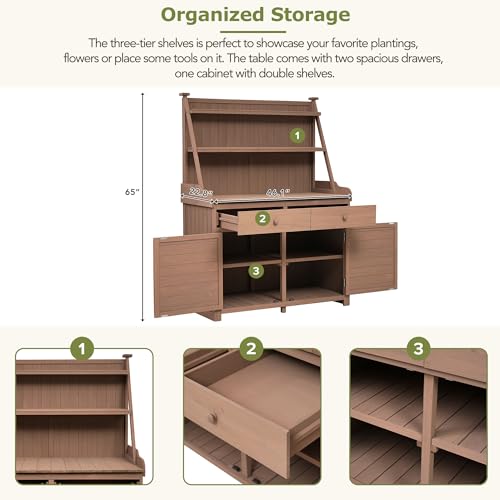Outdoor Potting Bench Table, Wooden Gardening Table with Storage Cabinet, Drawer, Shelf, Planting Work Bench Station for Garden, Patio, Brown