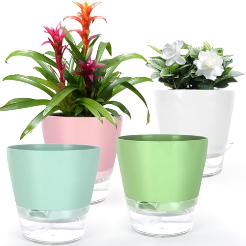 4 Pcs Self Watering Plant Pot , 6 inch Plant Pot with Drainage Hole and Large Capacity Reservoir, Pots for Plants with Saucer, 2 in 1 Indoor Plant Pots indoor Perfect for Living Room, Odorless - color: Multicolored 4 Pcs