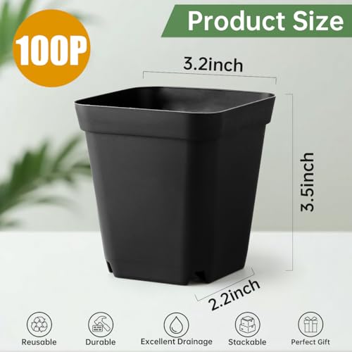 RooTrimmer 100 Pack Plant Nursery Pots 3.15 Inch, Durable Square Seedling Pots with Drainage Holes, Reusable Small Plastic Flower Pots for Seed Starting, Transplanting, Herb Garden - color: Black, size: 3.2Inch
