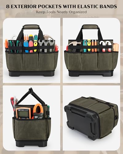 Marscamd Waxed Canvas Tool Bag with Hard Bottom and 8 Pockets - color: Dark Green