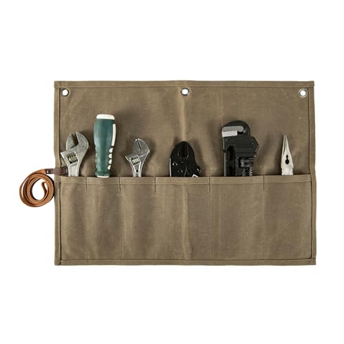 Chisel Roll,Small Tool Roll Pouch,Tool Roll Bag Organizer, Heavy Duty Waxed Canvas Tool Bag, Multi-Purpose Roll-Up Storage Bag for Hand Tools Holder with 6 Pockets Wrench Roll Up Pouch - color: Brown