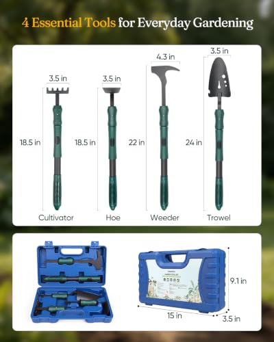 Grenebo Gardening Tool Gift Set, 4 Hand Tools with Case, Blue - color: Blue