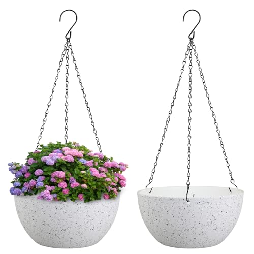 Meowell 8 inch Hanging Planters for Small Indoor Outdoor Plants, 2 Pack Hanging Flower Pots with Drainage Holes and Chain for Garden Porch, Plastic Hanging Baskets for House Plants, Speckled White - color: Speckled White, size: 8inch 2pcs