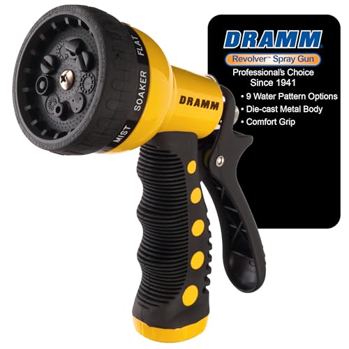 Dramm Revolver Heavy Duty Metal Garden Hose Nozzle – 9 Spray Patterns, High Pressure Jet, Thumb-Control Flow, Ergonomic Grip – Yellow - color: Yellow, size: Revolver