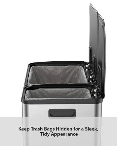 Lovewind Double Trash Can Kitchen, 13+5.5 Gallon Stainless Steel Dual Trash and Recycle Bin Combo with Silent Close Lid, Heavy-Duty Foot Pedal, Easy to Clean Garbage Can for Large Families, Silver - color: Silver, size: 13+5.5 Gallon