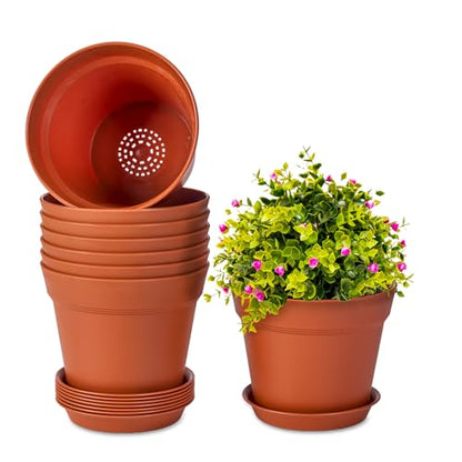 homenote 7.5 Inch Plastic Plant Pots with Drainage Holes and Trays (8 Pcs) - color: Terra Cotta-8 Pcs, size: 7.5 Inch