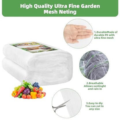 U0U Garden Mesh Netting Kit,7.8 x 24 Ft Plant Netting with Hoops,Bird Net for Garden with 6 Sets Garden Hoops & 18 Clips,Garden Net Bed Cover for Plants Birds Animals Protection (White) - color: White