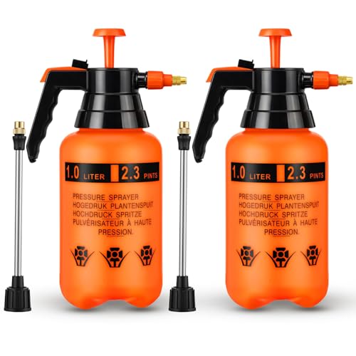 2 Set Handheld Pump Sprayers 34 oz Water Spray Bottle 1l/0.26 Gallon Garden Plant Pump Sprayer with Adjustable Steel Nozzle Extended Rod for Plant Mist Watering Cleaning Spraying Fertilizing - color: Orange, size: 1L