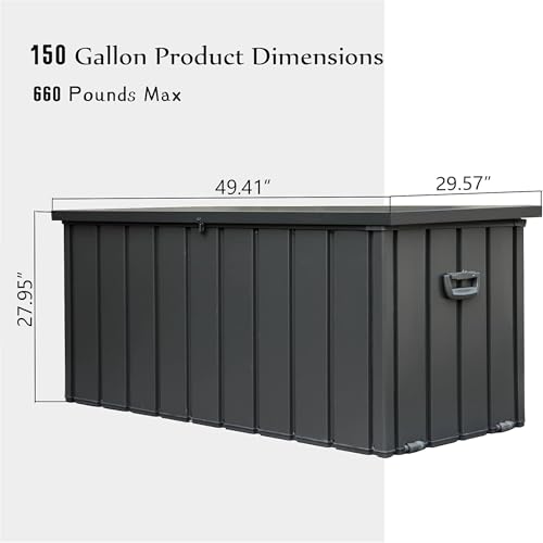 150 Gallon Outdoor Storage Deck Box, Metal Patio Bin with Rollers, 49" - color: Dark Gray