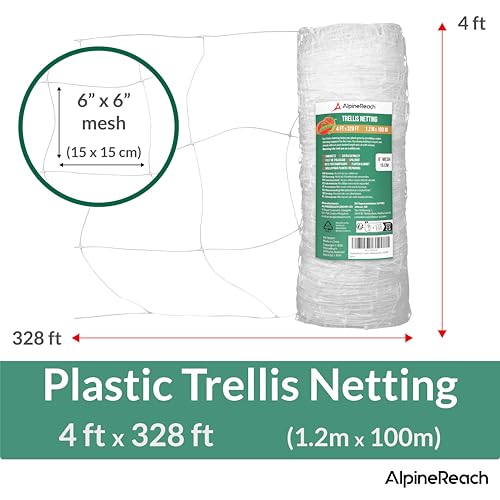 AlpineReach Trellis Netting 4ft x 328ft Heavy Duty Plastic White - 6 Inch Mesh Support Twine for Growing High Yield Tomatoes, Peas, Vine Climbing Plants Fruits Vegetables