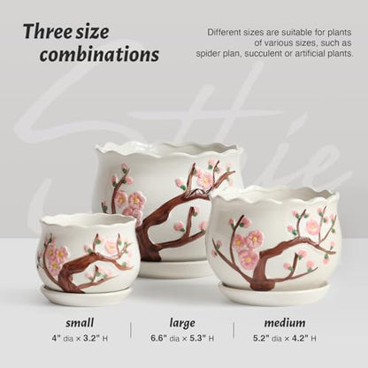 Ceramic Plant Pots with Drainage Holes and Saucers, Small Planters Set of 3 - color: White01