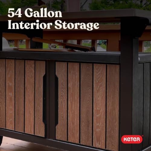 Keter Unity XL Outdoor Entertainment Cart with Wood‑Look Finish, 78‑Gallon Patio Storage Cabinet, Food Prep Station, Stainless‑Steel Top for BBQ, Grill, Patio, Deck & Backyard, Walnut - color: Walnut