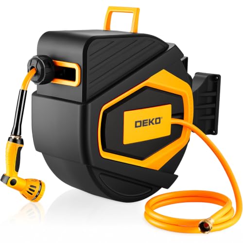 Retractable Garden Hose Reel:100 ft x 1/2 inch, Garden Hose Reel with 9-Pattern Nozzle, 180°Swivel Bracket Wall-Mounted, Automatic Rewind, Lock at Any Length, with Slow Return System