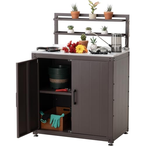 Feasto Outdoor Potting Bench with Storage Cabinet Stainless Steel Tabletop - color: Brown