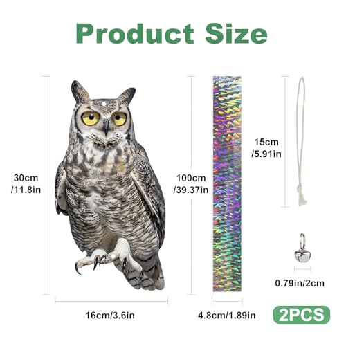 2PCS Reflective Plastic Owl Hanging Decoration Dual-Side Printed Raster Fake Eagle Garden Owl with Scare Tape for Garden Patio Windows - color: 2 Deep Grey Owls