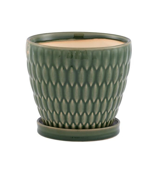 Napco Modern House Plant Succulent Herb Flower Pot with Drainage and Saucer Medium 5.25 x 5.5 Inch Ceramic Glossy Green Embossed Oval Pattern – Contemporary Accent for Stylish Home or Office Décor - size: Medium