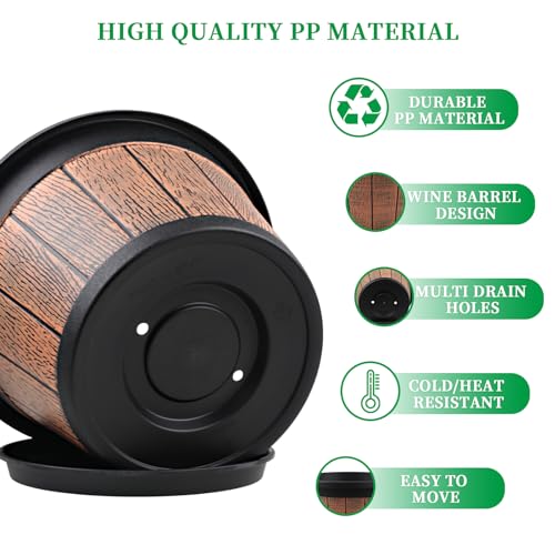 4 Pack 14 inch Plant Pots,Whiskey Barrel Planters with Drainage Holes - size: 14 inch