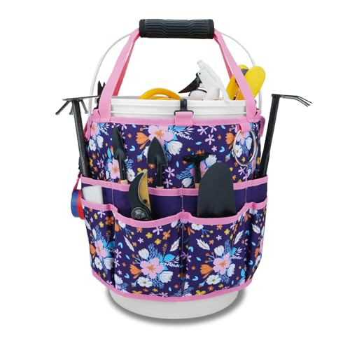KUNN 5 Gallon Bucket Tool Organizer 18-Pocket Heavy-Duty Bucket Caddy with Hangable Handle & Comfort Grip Pad | Gardening Tool Bag, Garden Organizer Storage Bag Accessory for Gardeners, Purple - color: Purple Floral