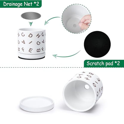 D'vine Dev Set of 2 Ceramic Planter Pots with Drainage Hole and Saucer, 4.5 Inch Plant Pots for Plants Indoor Houseplants, White, 99-Z-G-1-V - size: 4", style: Letters White