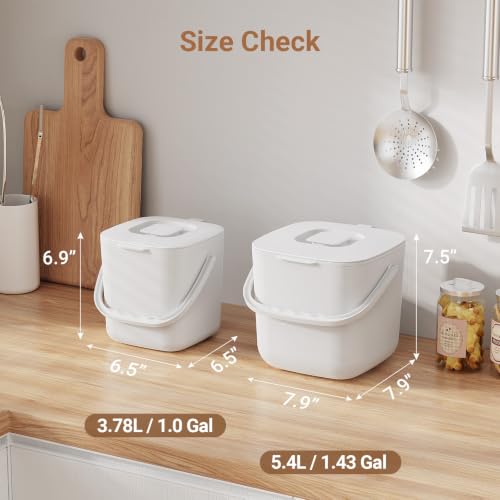 5.4L Kitchen Food Waste Bin with Lid & Handles, Indoor Compost Bucket Includes Inner Bucket Liner, White - color: White