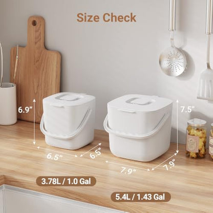 5.4L Kitchen Food Waste Bin with Lid & Handles, Indoor Compost Bucket Includes Inner Bucket Liner, White - color: White