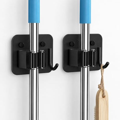 2 Pack Broom Holder Wall Mount, 304 Stainless Steel Mop Organizer with Hook - color: C-Black, size: 2PCS Gripper