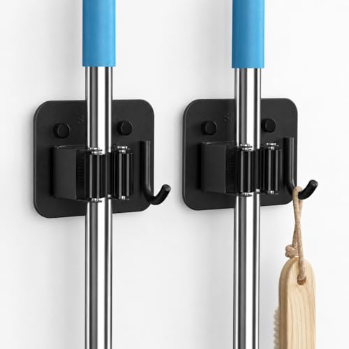 2 Pack Broom Holder Wall Mount, 304 Stainless Steel Mop Organizer with Hook - color: C-Black, size: 2PCS Gripper