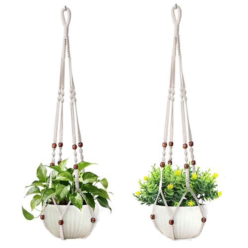 35 Inch Macrame Plant Hanger, Hanging Planter Basket with Wood Beads, Decorative Flower Pot Holder for Indoor Outdoor Boho Home Decor, Set of 2 (Ivory) - color: Ivory