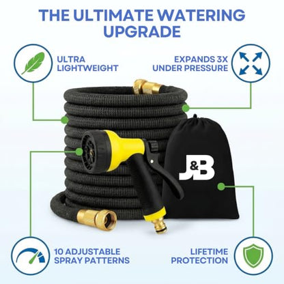 J&B XpandaHose 100ft Expandable Garden Hose, Lightweight, Brass Connectors - color: Black, size: 100ft