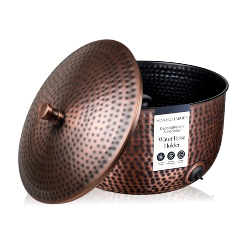 Monarch Abode Garden Hose Holder with Lid – Decorative Water Hose Holders for Outside, Hand Hammered Metal Antique Copper Pot with Drainage, 100ft Waterhose Holder for Outside, Garden Storage Caddy - color: Antique Copper Finish