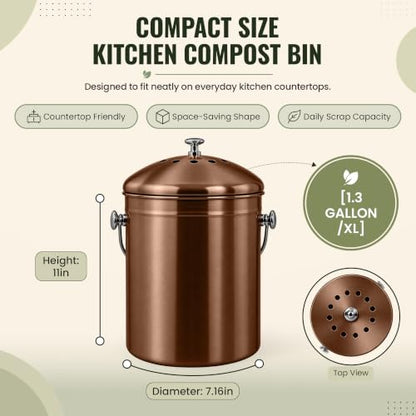 Epica Kitchen Compost Bin for Kitchen Countertops, 1.3 Galllon - Copper - color: Copper