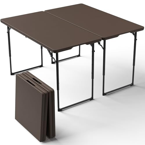 2 Pack Folding Table, 4FT Foldable Picnic Table with Adjustable Height, Heavy Duty Fold-in-Half Portable Table for Weddings, Camping, RV Travel, Parties, BBQs, Easy to Fold and Store, Brown - color: Brown, size: 4FT-2 Pack